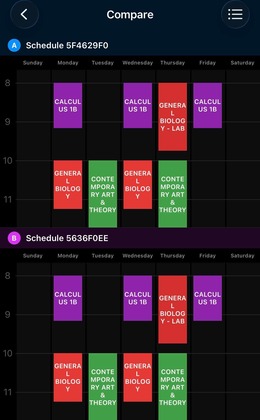 Two schedules compared side by side in calendar view