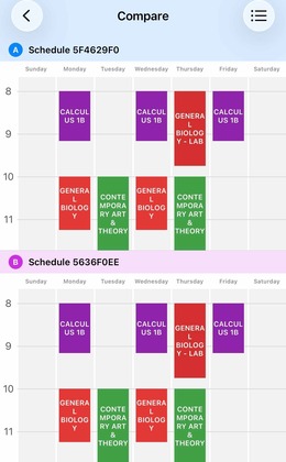 Two schedules compared side by side in calendar view