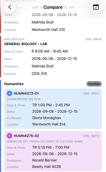 Comparing schedules generated from flexible course pools